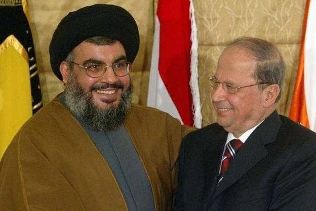 50)This image of Hezbollah chief Hassan Nasrallah & Lebanese President Michel Aoun is being widely shared on social media. Knowing both are linked to  #Iran's regime, many are demanding Aoun's resignation, too.  #Beirut   #حزب_الله_الارهابي