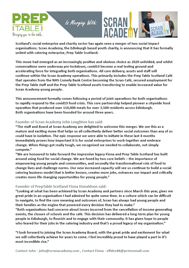 Delighted to announce that we have merged with our dear friends <a href="/ScranAcademy/">ScranAcademy</a> The cafe, partnerships, staff, equipment, graft and love is now part of this incredible organisation. Just think of the impact!! Hear from us here: