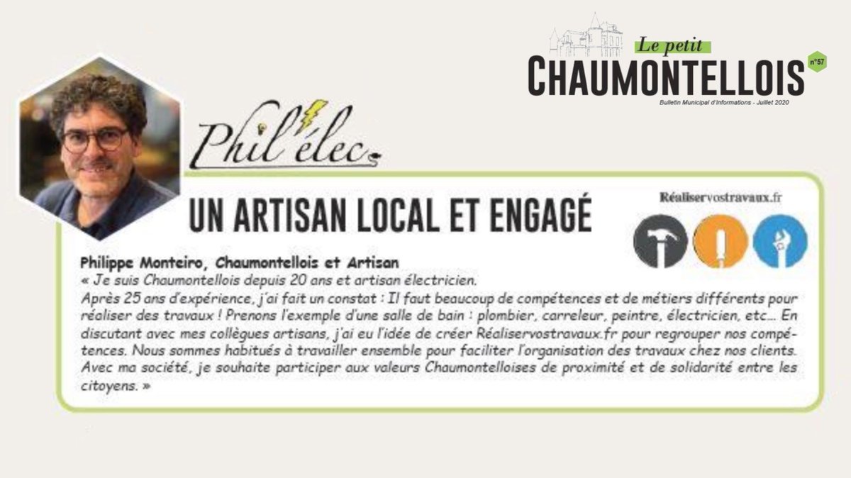 Merci à la Ville de #Chaumontel pour ce petit encadré sur mes activités. Les #Artisans peuvent compter sur l'équipe de <a href="/SaragosaSylvain/">Sylvain Saragosa</a> pour soutenir les #entreprises de la ville. Je remercie en particulier Madame Létoile avec qui j'ai eu un rapport très professionnel et efficace