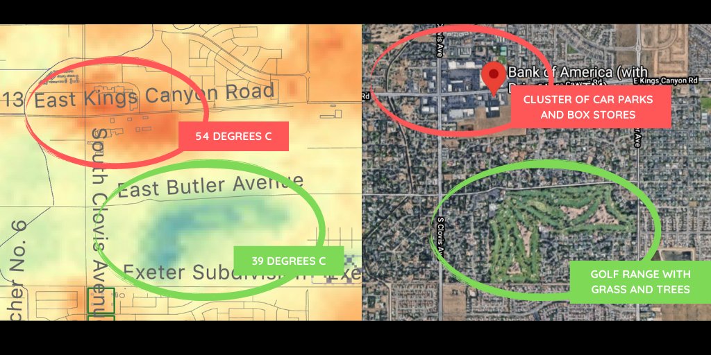Been nerding out with  @NASAJPL surface temp data. Here's a morsel of Fresno's urban heat island just 2 weeks ago. The red area is a cluster of car parks and box stores - maybe a type of urban design that needs to go or be reinvented?