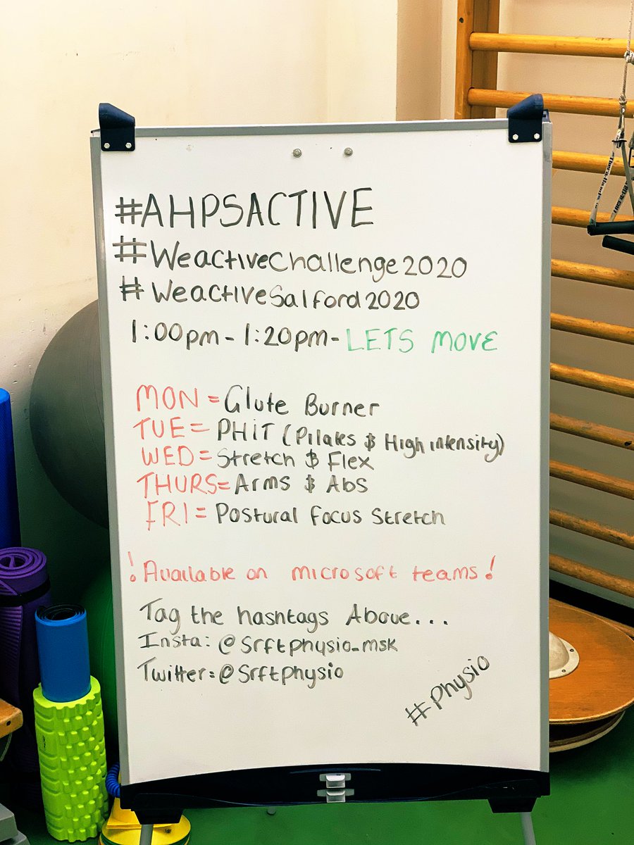 1/2

Beginning tomorrow, SRFT MSK will be providing 20 min of virtual daily exercise via Microsoft Teams 💪🏽🤸🏽‍♂️ 

#getinvolved #letsmove  #AHPsActive #WeActiveChallenge #weactivechallenge2020 #weactivesalford2020 <a href="/ClaireGuy3/">Claire Guy</a> @srftphysio <a href="/thecsp/">Chartered Society of Physiotherapy (CSP)</a> @srftspines @salfordroyalot