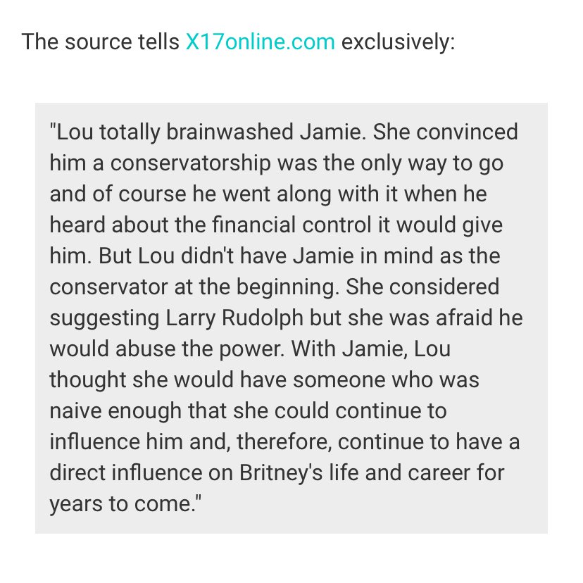 Sources also said Lou Taylor was the mastermind of the conservatorship and had brainwashed Britney's father this was the only way to go. END THE CONSERVATORSHIP