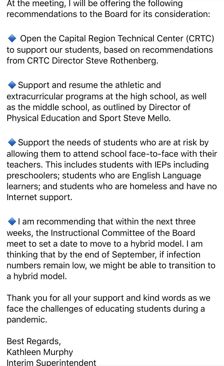 ConcordSAU8's tweet image. The Concord School Board will meet Monday evening, Aug 17, to address return to school issues following last week’s vote - please see this letter from Supt Murphy regarding her recommendations for CRTC, Athletics, and at risk students.