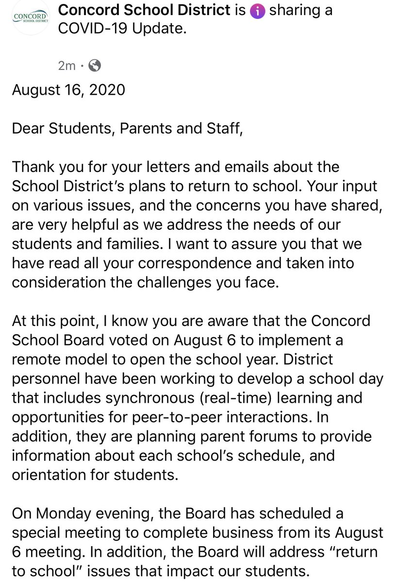 ConcordSAU8's tweet image. The Concord School Board will meet Monday evening, Aug 17, to address return to school issues following last week’s vote - please see this letter from Supt Murphy regarding her recommendations for CRTC, Athletics, and at risk students.