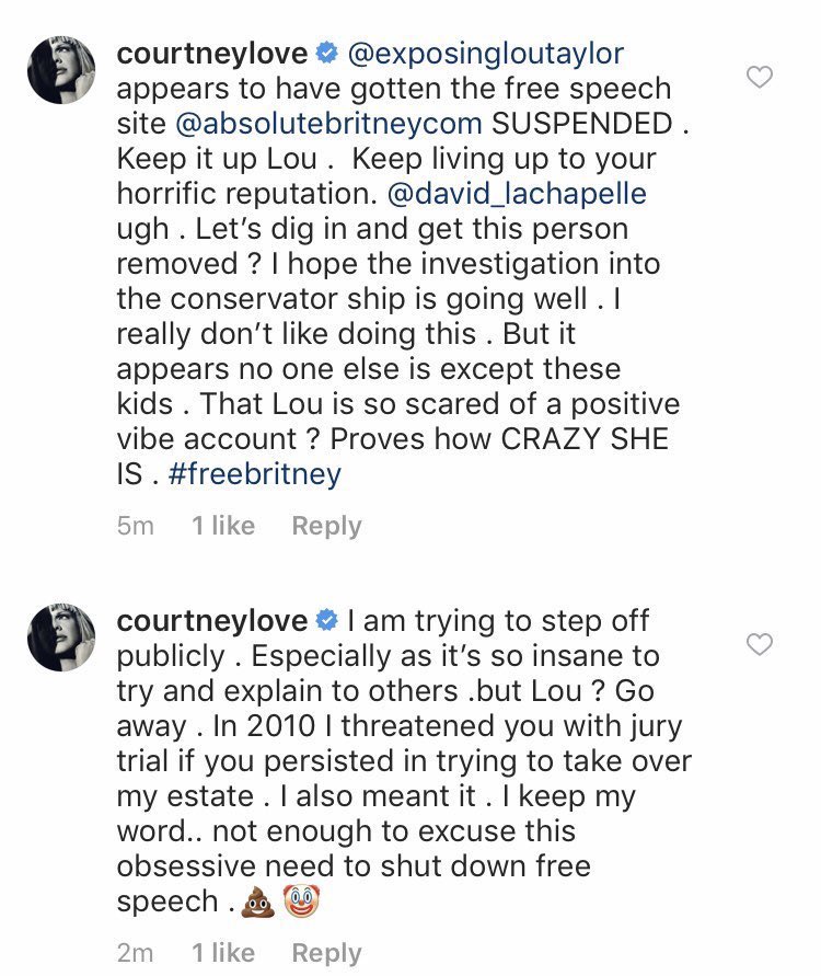 Courtney Love has also said Lou Taylor "tried to take over her estate." END THE CONSERVATORSHIP