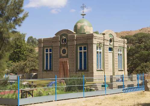 Church of Our Lady Mary of Zion Axum Ethiopia, houses the Ark of the Covenant, bears a design similar to that of Eastern Orthodox churches in Europe. Its most recent building, reconstructed in the 1950s, has a dome similar to the Hagia Sophia in Istanbul.It is heavily guarded.