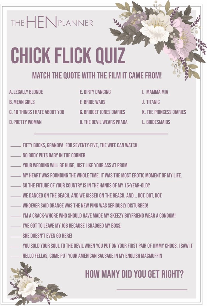 Happy Sunday Hens! 

Here’s a little cheeky quiz for you and your friends to take part in! Let us know in the comments how you get on!

We have loads of printable and virtual hen party games on the website!