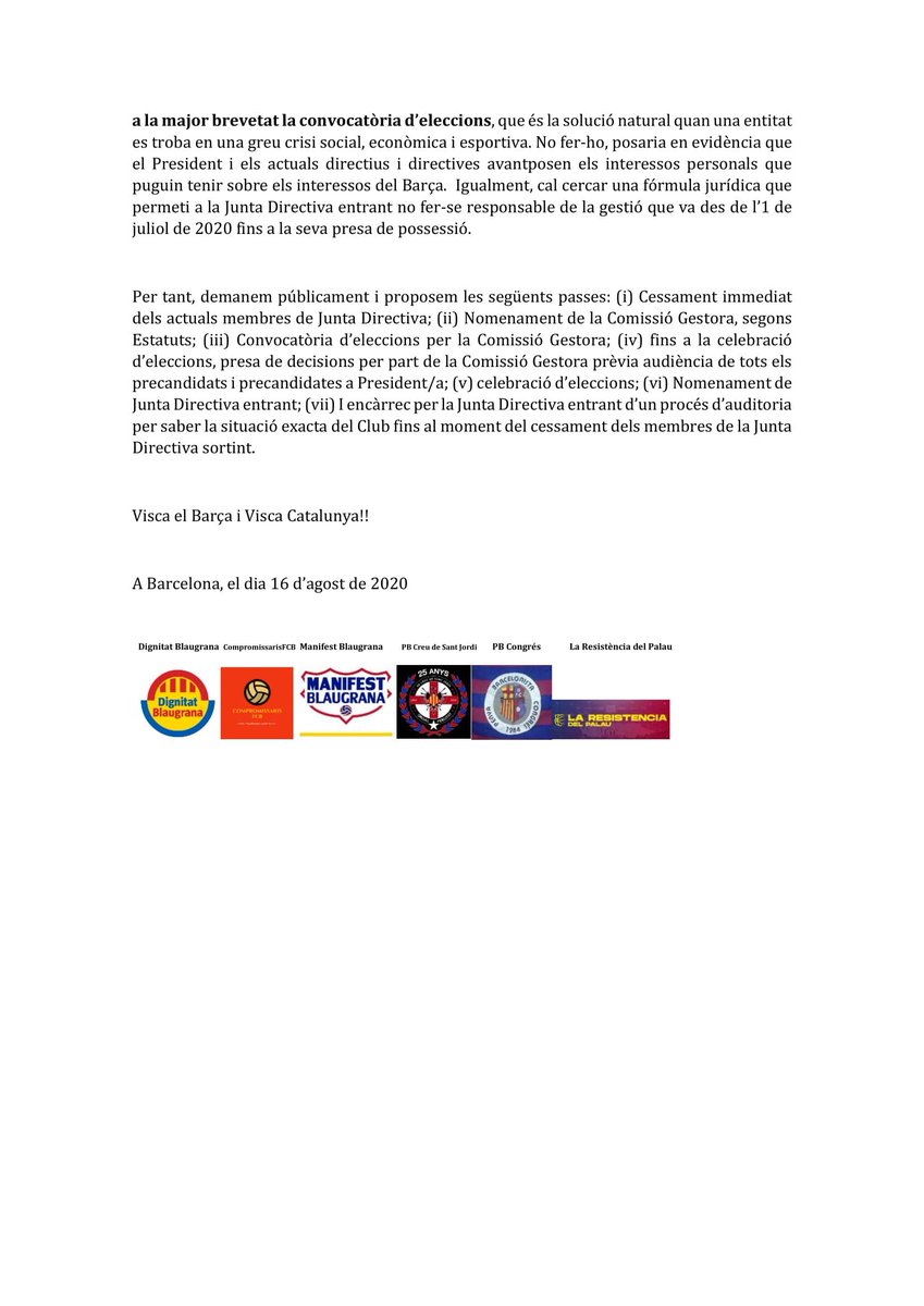 DignitatBlGr's tweet photo. Podeu llegir el Manifest que hem redactat diferents grups barcelonistes davant la situació d'emergència que viu el Club en aquest moments. No podem allargar aquesta agonia, calen eleccions ja!!  #EleccionsJa!  @compromissaris @ManifestFCB @creudesantjordi @palauresist https://t.co/OGJsMYZ8qc