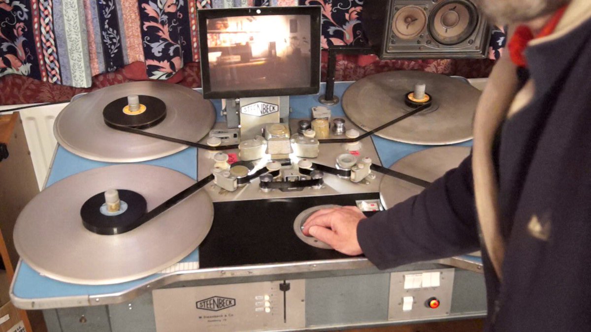 Or you could use a flatbed editor, mostly made by Steenbeck. These were a bit more convenient to use but took up a lot of space. Here you can see the picture on the top platters and the Magstock passing through the bottom with the tape head right in the middle.