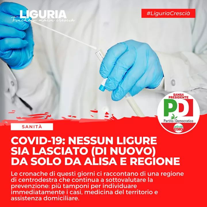 Covid19: nessun ligure sia lasciato (di nuovo) da solo da Alisa e Regione.
Prevenire per non tornare a chiudere la Liguria.
#LiguriaCrescià