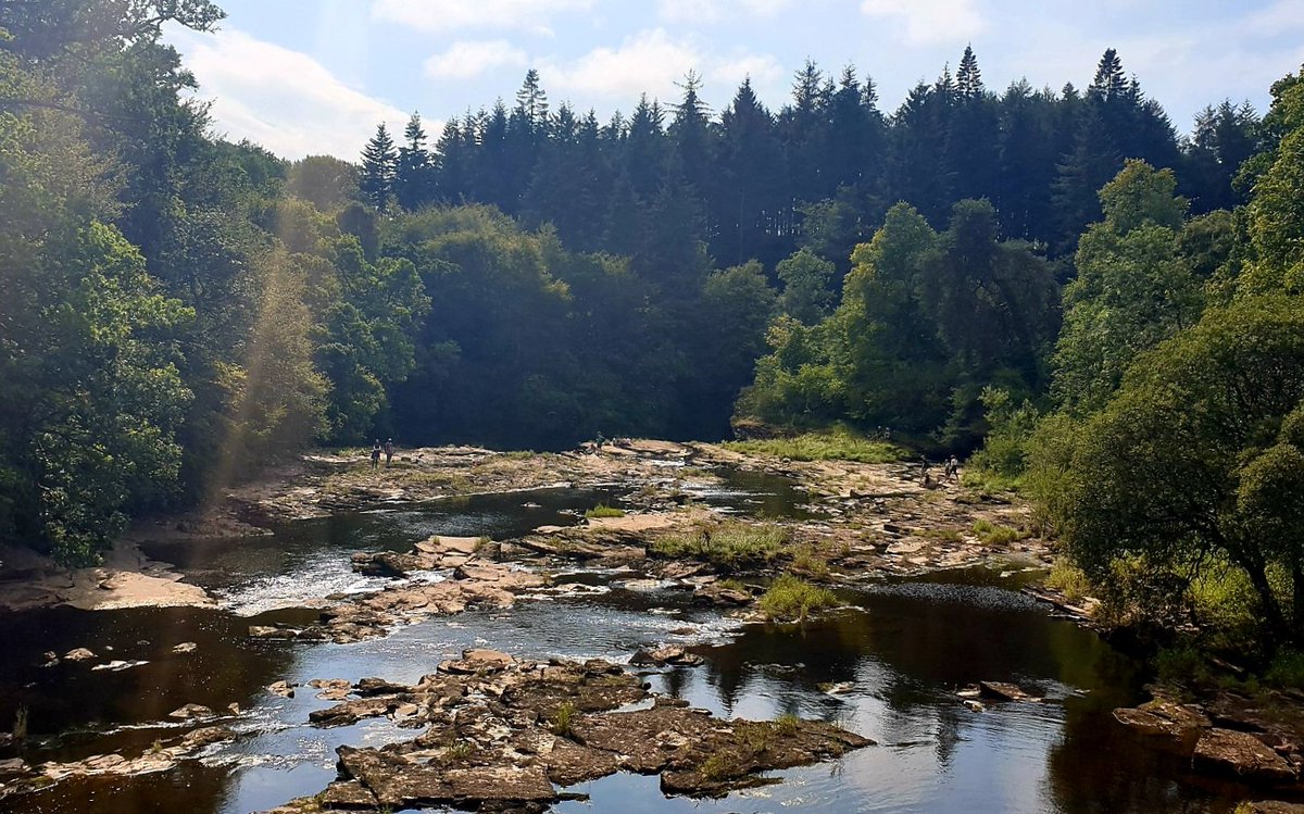 JoolzPedals's tweet photo. Lots of folk out on the rocks above Cora Linn at the Falls of Clyde today. Hope the sluice gates don't open, there's a load of water being held back upstream! #fallsofclyde #ThingsSeenCycling https://t.co/ruTNnIZjsD