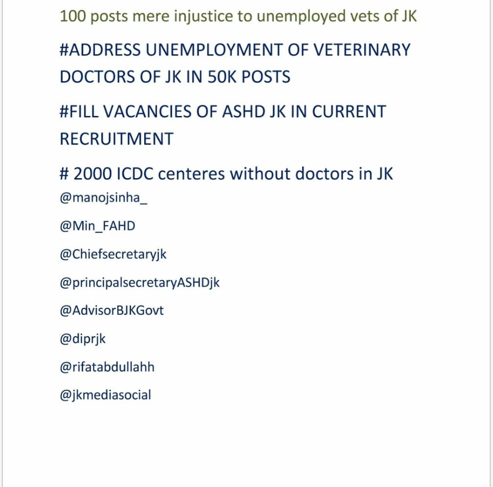 Ishani2726's tweet photo. #justice_for_veterinary_doctors 
1670 unemplyoed veterinary doctors
> 1500 vacant VETERINARY CENTRES only 850 veterinary doctors serving whole UT and after all this only 89 posts out of 50000. Need your intervention sir or tell us being veterinary doctor is a crime?
@manojsinha_ https://t.co/4K7nr2GcYD