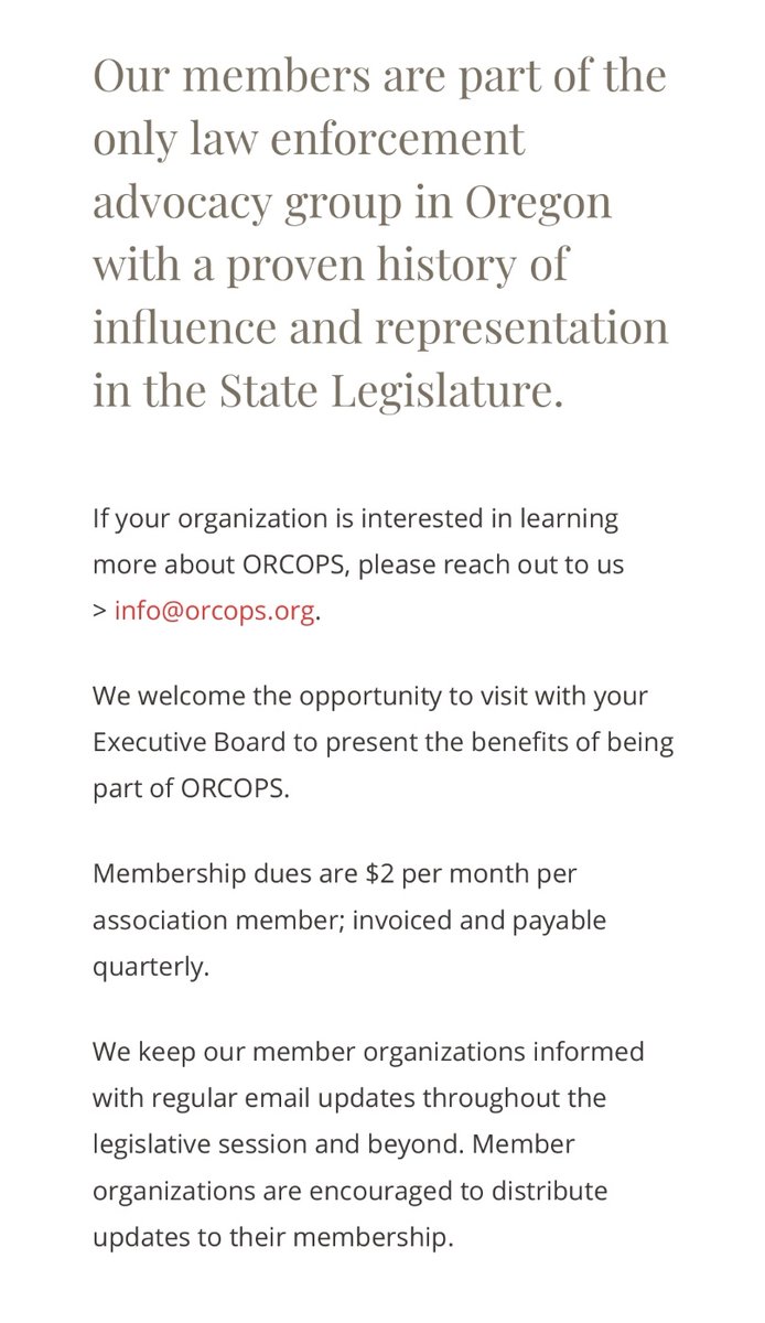  #ORCORPS touts itself as saying that their "members are the only law enforcement advocacy group in Oregon with a proven history of influence and representation in the State legislature."This means they like to be involved in law & policy making. #gov  #Oregon  #police  #law  #usa