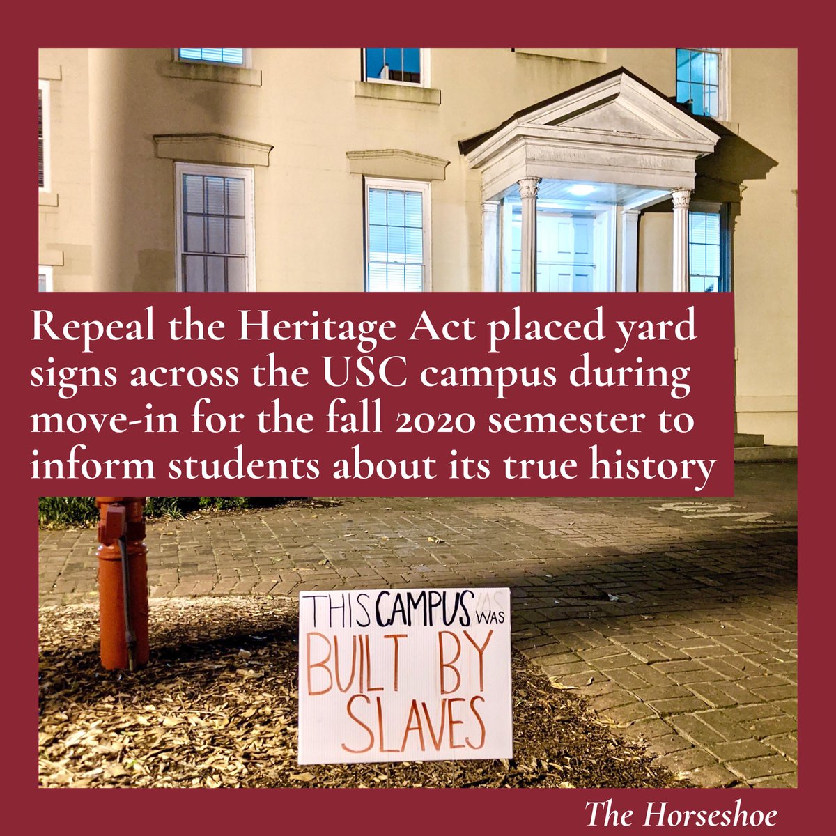 RepealForSC's tweet photo. Students moving in today at @uofsc for the fall semester were met with a #RepealTheHeritageAct sign campaign sharing the true history of the campus and buildings named after Confederate and racist figures, including Sims Hall, Wade Hampton Hall,  and the Strom Thurmond Center: https://t.co/fUNIOTND1k
