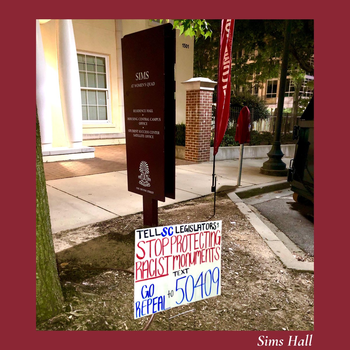 RepealForSC's tweet photo. Students moving in today at @uofsc for the fall semester were met with a #RepealTheHeritageAct sign campaign sharing the true history of the campus and buildings named after Confederate and racist figures, including Sims Hall, Wade Hampton Hall,  and the Strom Thurmond Center: https://t.co/fUNIOTND1k