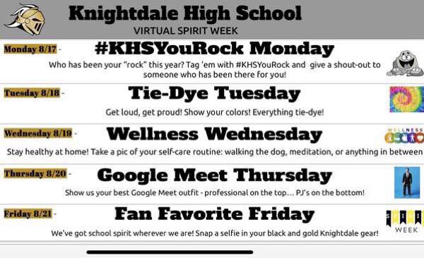 Virtual Spirit Week!! Show your best #knightpride and dress up for spirit week. Send your favorite pictures to bit.ly/KHSphotos ! <a href="/khscdyearbook/">Knightdale Yearbook</a> <a href="/KnightdaleHS/">Knightdale High</a>
