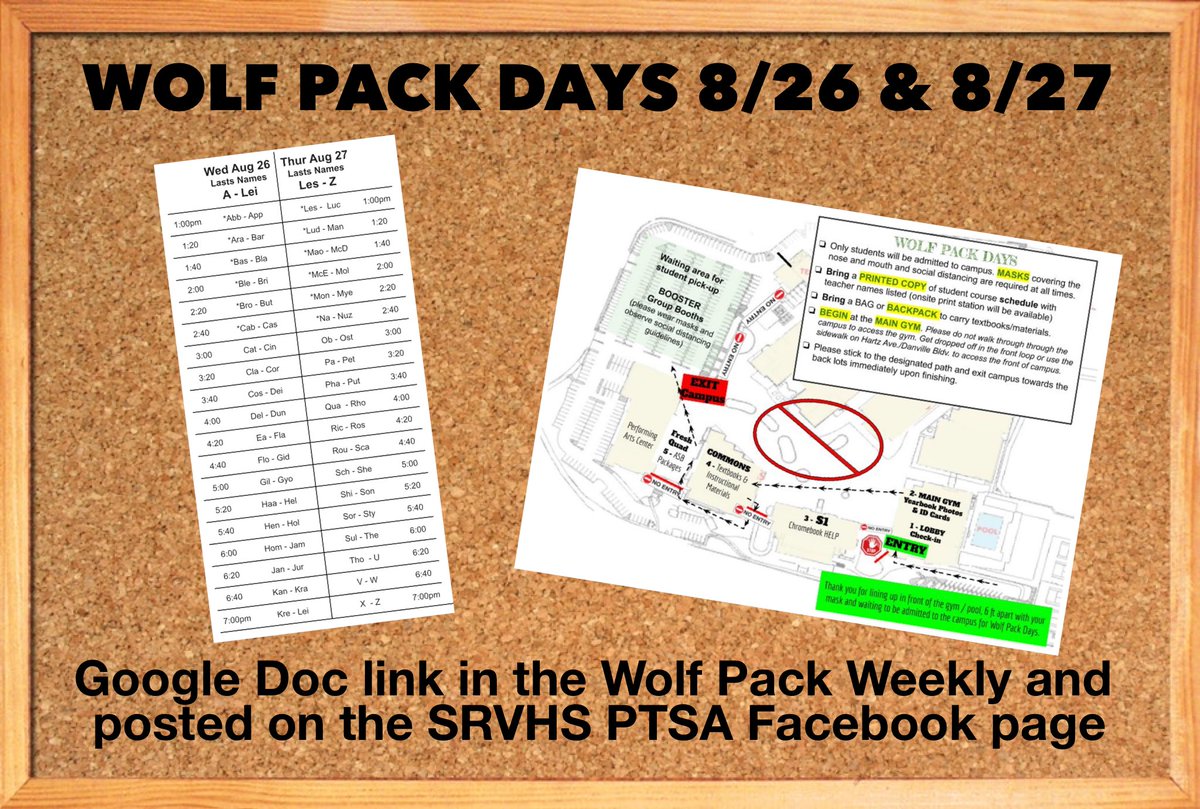📣 Wolf Pack Days 💚💛 
8/26 &amp; 8/27
1pm-7pm 

• Textbooks 
• Pictures &amp; ID Cards 
• ASB Package Pickup
• 2019-20 Yearbooks 
• Grad Night Face Masks

Link for Time Slots &amp; Map👇🏼
docs.google.com/document/d/11F…   

@MrK_SRVHS 
<a href="/AnnMarieRosie/">Ann-Marie Walters</a> <a href="/willfordjanet/">Janet Willford</a> 
<a href="/SRVHSPTSA/">SRVHS PTSA</a>