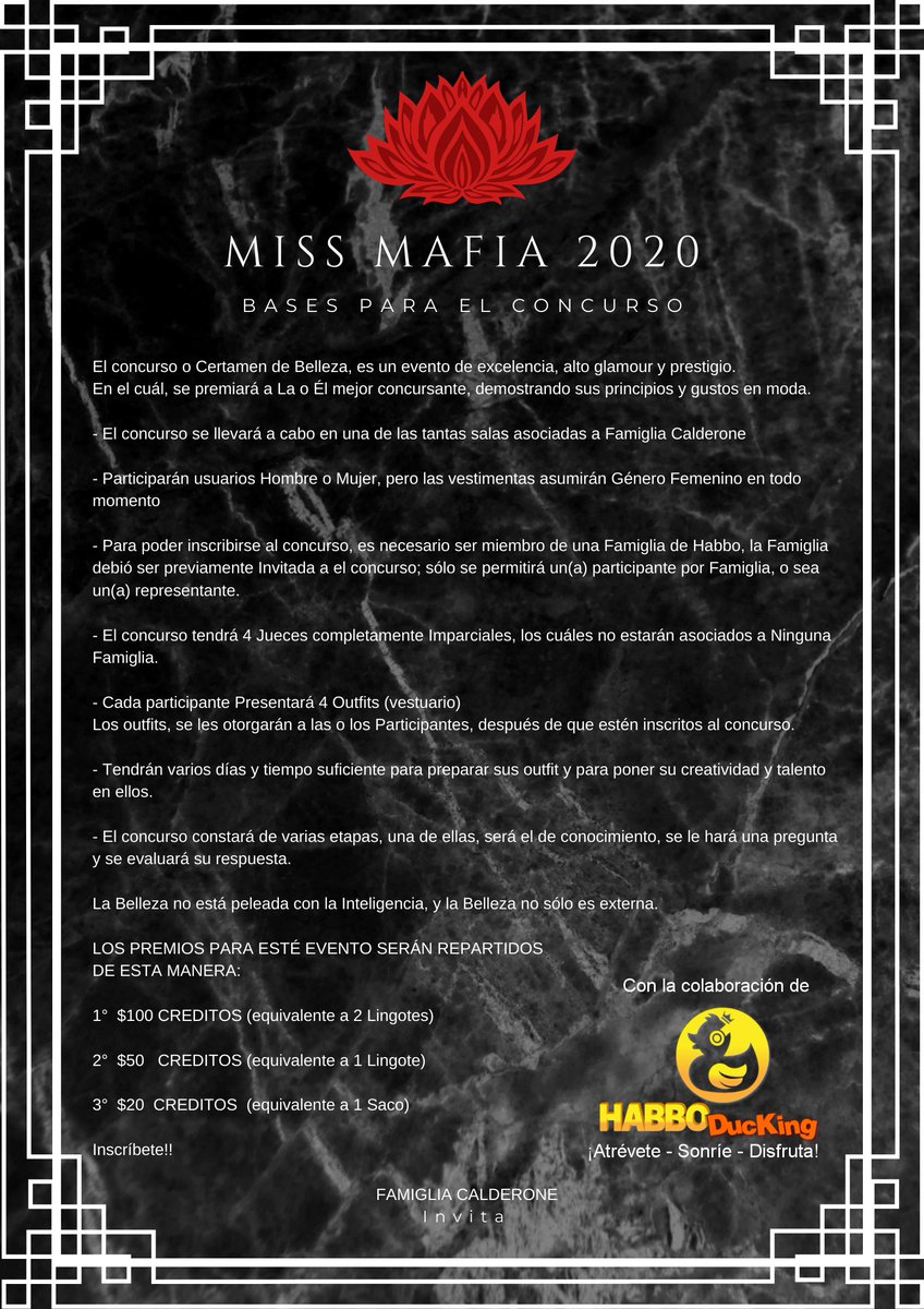 CalderoneCF's tweet photo. Bases para el concurso Miss Mafia 2020 con la colaboración de @HabboDuc https://t.co/7a8qgnriDC