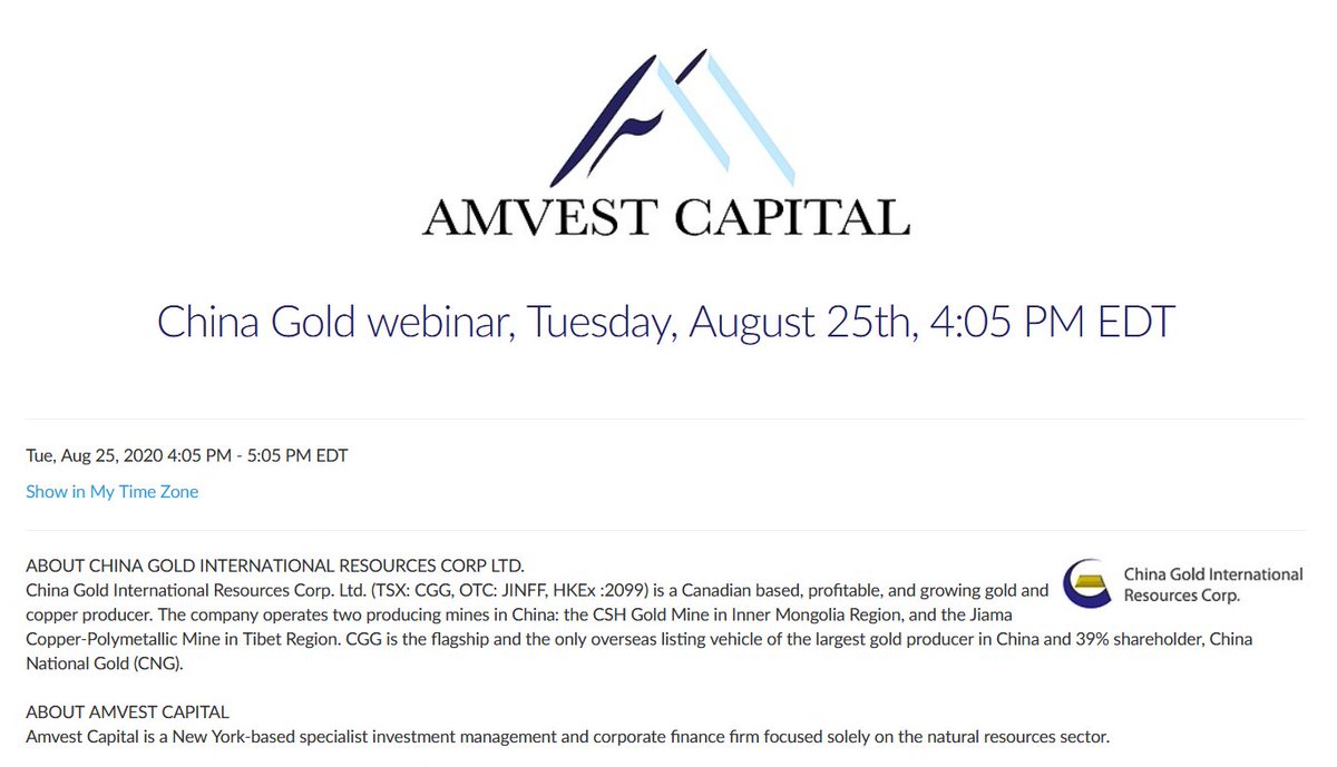 chinagoldintl's tweet photo. Join & watch👀 our #FREE live #webinar📹 w @CampbellMccrary #AmvestCapital #Tuesday Aug 25 4:05pm EST 👉https://t.co/lnuQuDq5lO $CGG.TO $JINFF #ChinaGoldIntl @JeminiCapital https://t.co/ztxm6jGn8F
