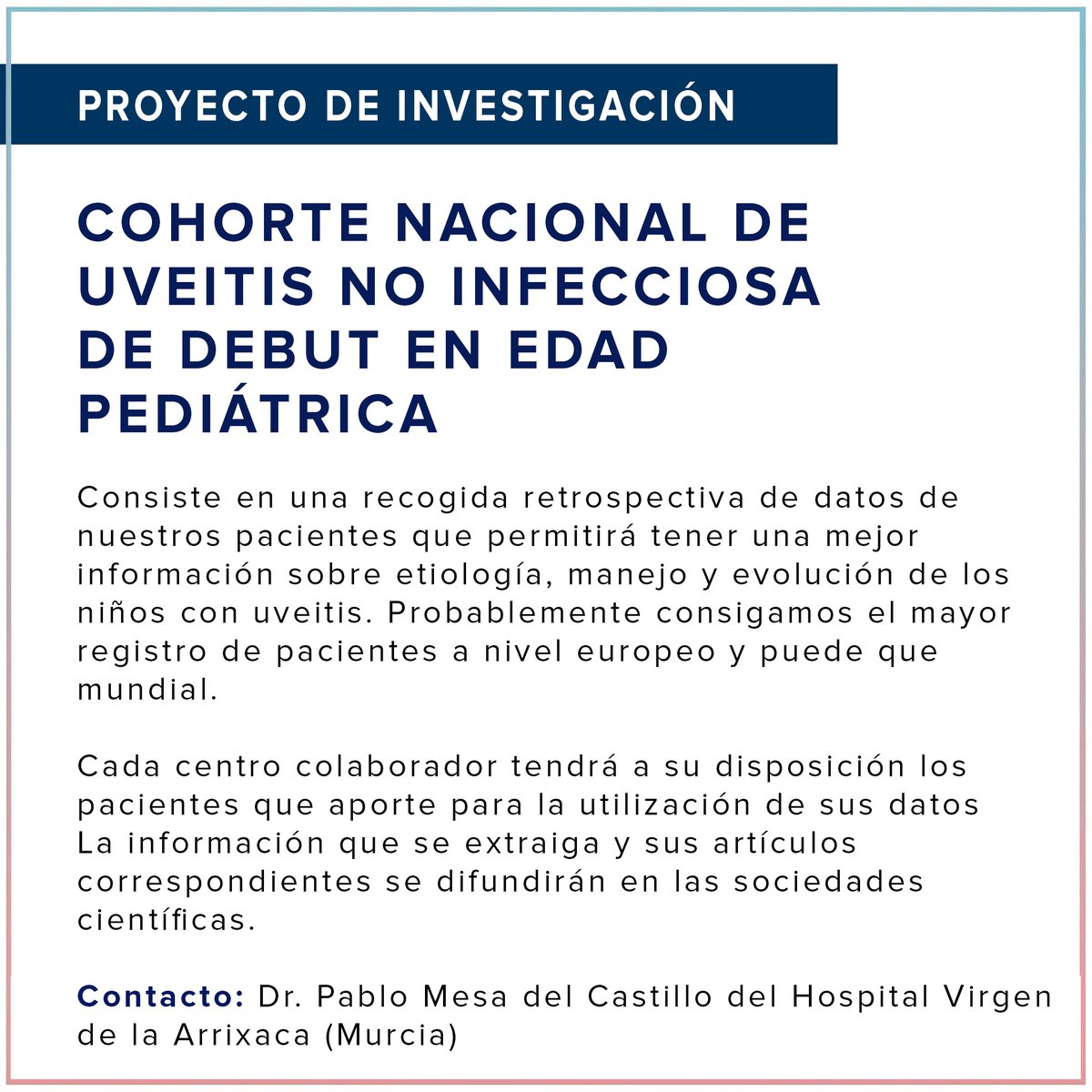 Proyecto:COHORTE NACIONAL DE UVEITIS NO INFECCIOSA DE DEBUT EN EDAD PEDIÁTRICA.
Consiste en una recogida retrospectiva de datos de  pacientes que permitirá tener una mejor información sobre etiología, manejo y evolución de los niños con #uveitis. 
Más info:seioc-uveitis.com/proyectos-seio…