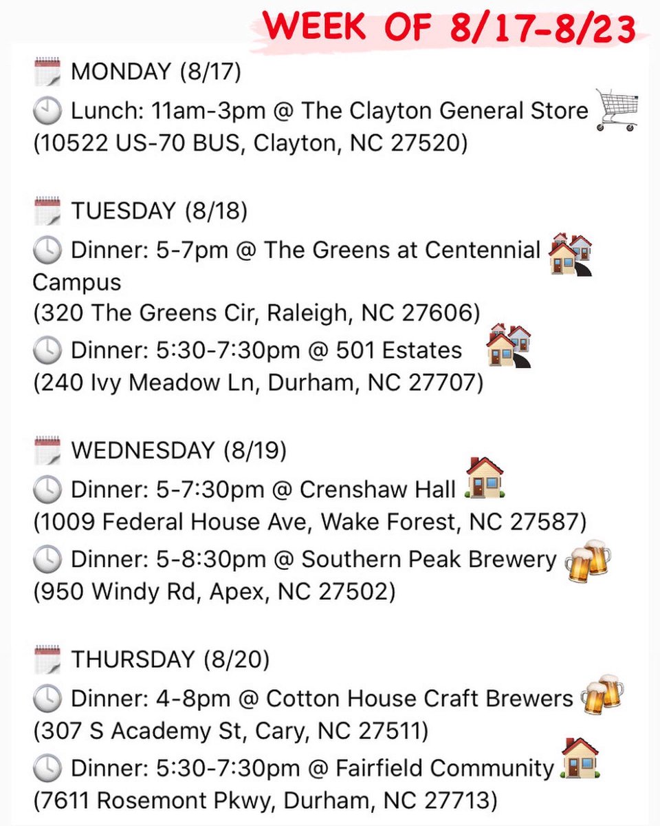 arepaculturenc's tweet photo. It’s that time again! 🙌
Here’s our 🆕 food truck schedule for this upcoming week (8/17-8/23) 🗓
We can’t wait to see you all this week! ❤️
••
👉Note: Our schedule is tentative. All event times &amp; locations are subject to change https://t.co/0GqtUl7dAO