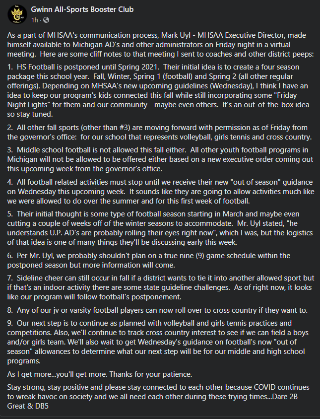 upfootball's tweet photo. Interesting read. As I suspected....... Whitmer is the one who cancelled football. Executive order coming this week. https://t.co/dm95oPWoEA