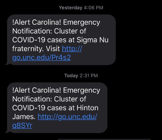 UNC alerts about covid clusters. Not even a month into the semester and it’s everywhere, just like everyone figured would happen! Do they even make it to September without sending folks home?