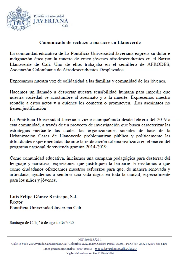 javerianacali's tweet photo. Comunicado en rechazo a masacre de Llanoverde #Los5DeLlanoVerde https://t.co/wRVo0swoxO