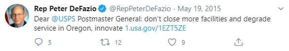 2015;  @RepPeterDeFazio begs the USPS to not distribution center closures (OMG, WAIT, I THOUGHT THAT WAS JUST UNDER TRUMP!)6/