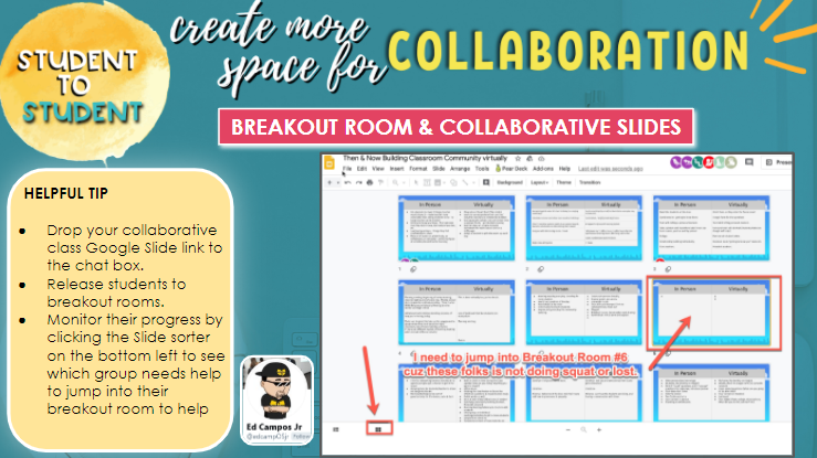 MrsParkShine's tweet photo. S/O to @edcampOSjr for this virtual classroom management hack for monitoring collaborative Google slides work. 

☑️ Share class link in the chat box
☑️ Release Ss to breakout rooms  
☑️ Click "Grid View" icon 
☑️ Get a bird's eye view on Ss work real-time https://t.co/A5hW6zwwDA