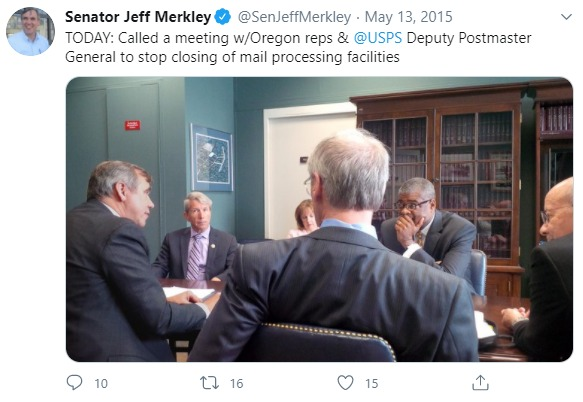 2015;  @SenJeffMerkley calls a meeting to address closures of USPS mail processing facilities (why didn't you demand the PMG be fired, or protest in front of his house, Jeff?)8/