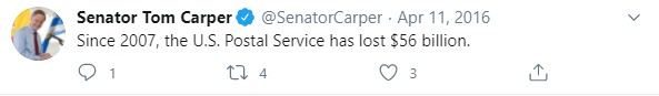 2016;  @SenatorCarper reminds us of the USPS financial failures:9/