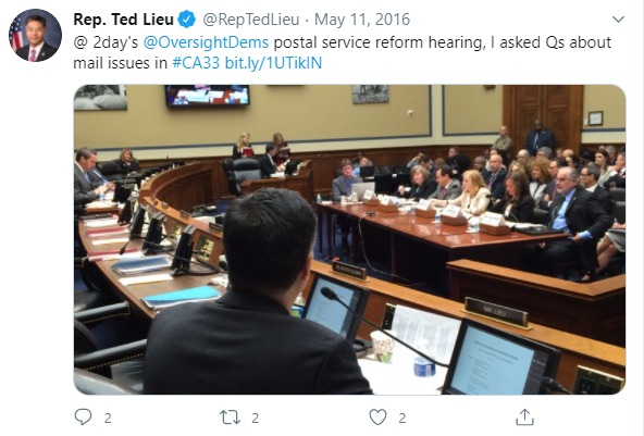 2016;  @RepTedLieu questions then PMG Brennan on mail theft issues in his district:10/