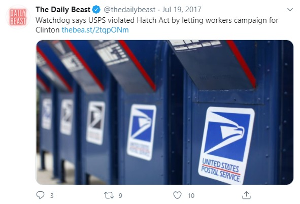 2017;  @thedailybeast reports that the USPS violated the Hatch Act by allowing postal workers to campaign for Hillary Clinton:12/
