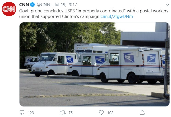 2017;  @CNN reports that the USPS violated the Hatch Act by allowing postal workers to campaign for Hillary Clinton:14/