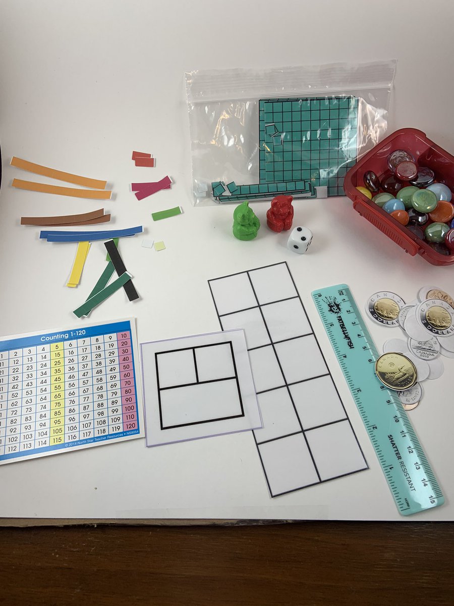 msleannevickers's tweet image. Why did I not think of making these before the pandemic? Individual math tool kits! Each kit has a ten frame, open # line, part/whole box, ruler, 120 chart, and a full set of counters, base ten blocks, cuisenaire rods, and money!
