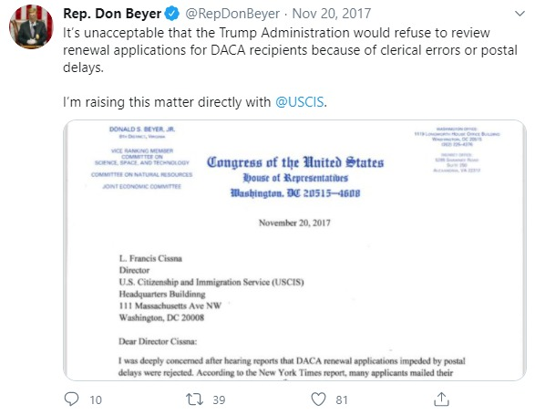 2017;  @RepDonBeyer reacts in anger about how clerical errors/postal delays could potentially impact DREAMER renewals:15/
