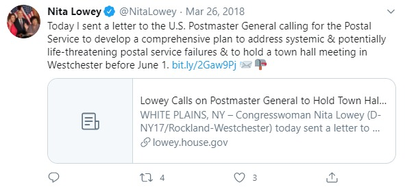 2018;  @NitaLowey sends a letter to the PMG calling on a plan to address "SYSTEMIC AND POTENTIALLY LIFE-THREATENING POSTAL SERVICE FAILURES"18/