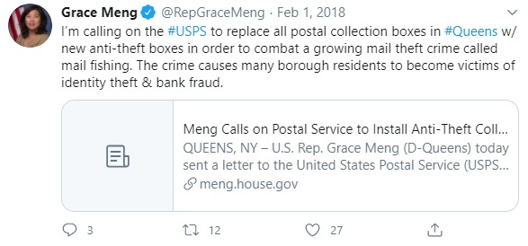 2018;  @RepGraceMeng calls out mail-theft issues in her district:17/