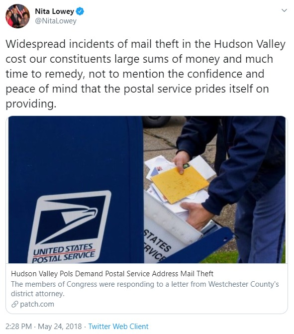 2018;  @NitaLowey calls out the mail-theft in Westchester County, NY, noting it leads to loss of confidence in mail security.21/