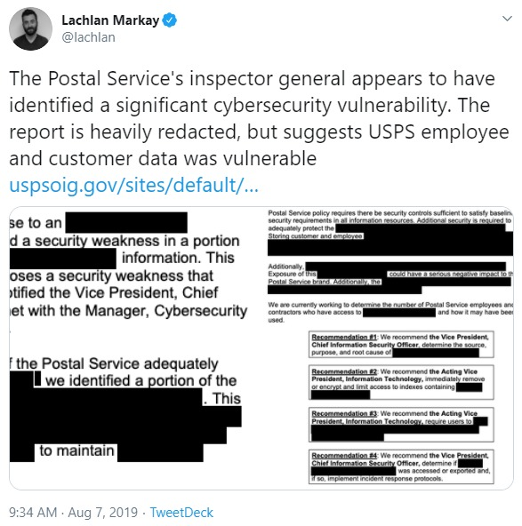 2019;  @lachlan tweets about the USPS IG findings, RE significant cybersecurity vulnerability:22/