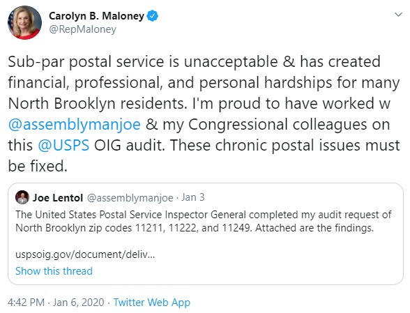 2020;  @RepMaloney tweets about "sub-par" USPS services: (NOTE: this tweet comes about 5 months before DeJoy was appointed PMG)/End