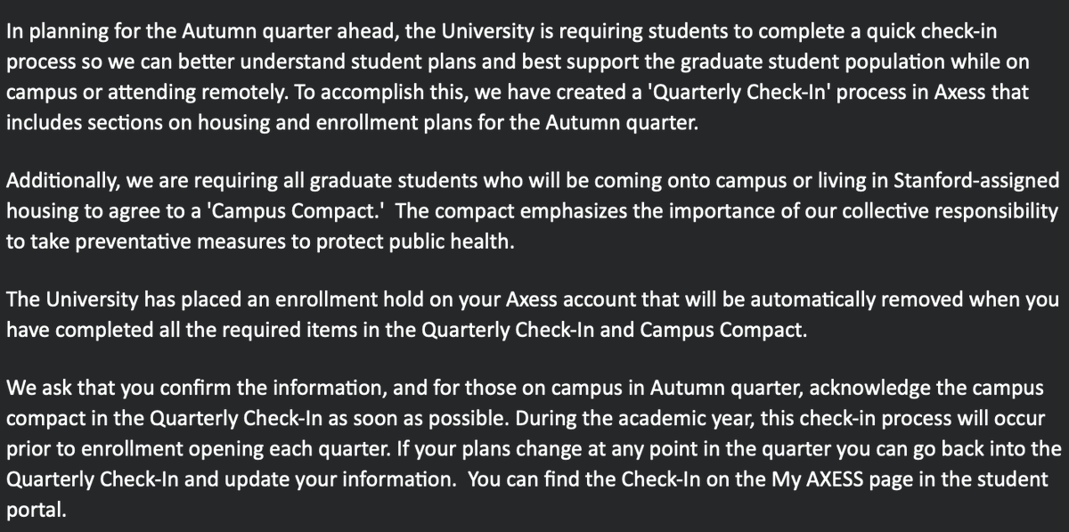The Stanford  #CampusCompact has been in the works for weeks! If they weren't going to consult students and post-docs, why did they wait until registration to drop it on us? No signature = no classes, no stipend https://twitter.com/EganPeltan/status/1294817028864270338?s=20