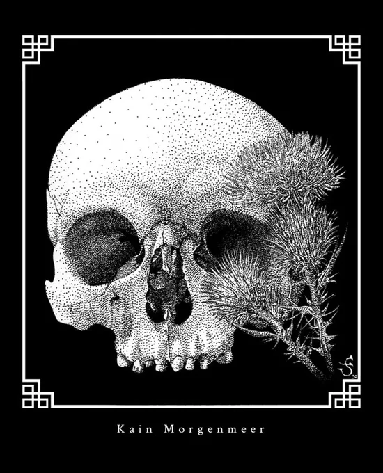 Stippling helps convey the three-dimensionality of this art, rounding the brows and emphasizing the depth.

🎨  "Skull and plumeless thistles / Vanitas II" by KainMorgenmeer: https://t.co/NfzyxuA2ux 
#Skull #Stipple 