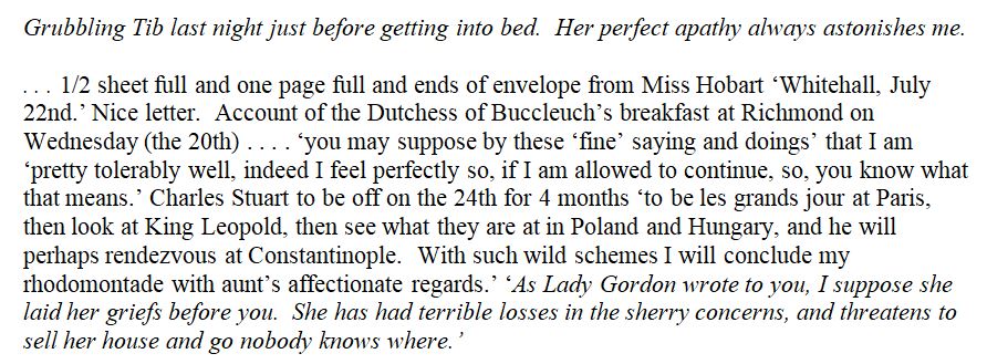 Monday, July 25, 1831. Anne is astonished at Tib’s “perfect apathy” about grubbling. She receives a letter from Vere, with news about Charles Stuart and pithy comments about Lady Gordon. 1/3 https://agreeableizing.blogspot.com/2020/08/monday-july-25-1831.html #annelistercodebreaker