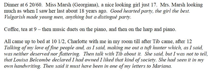 Anne endures anything but a distingué party at dinner and then has her feelings hurt when Tib and Charlotte imply that she’s a social climber and snob, a.k.a. a “tuft hunter.” Tib says Lou Belcombe claims to have seen Anne’s admission of this in Anne’s own handwriting. 3/3