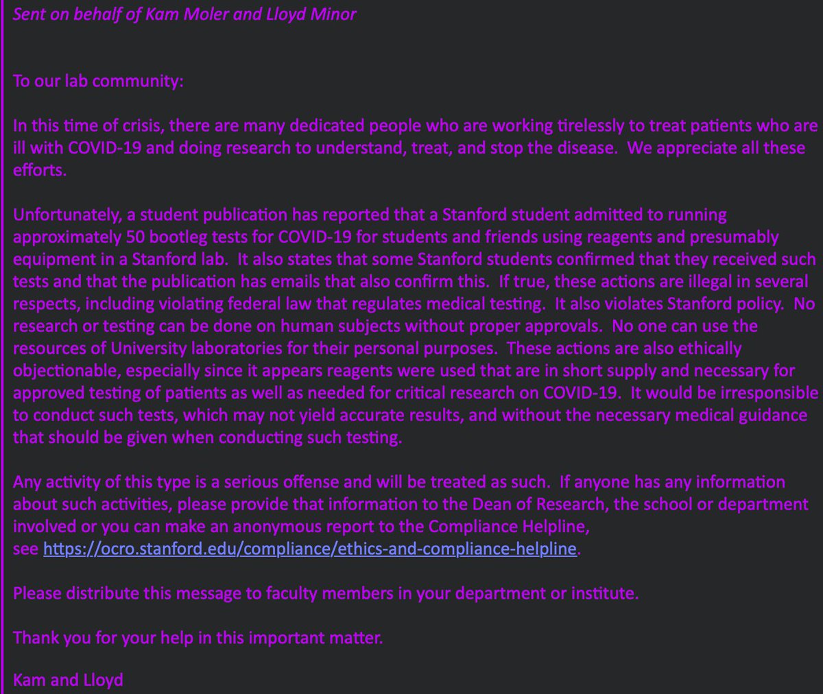 And, as unfair as that is, I say let us! We have plenty of students who can run these tests. Who do they think *develops* COVID tests?? But, we are forbiddenIt's our problem and we  @Stanford reminds us it's *illegal* to solve it