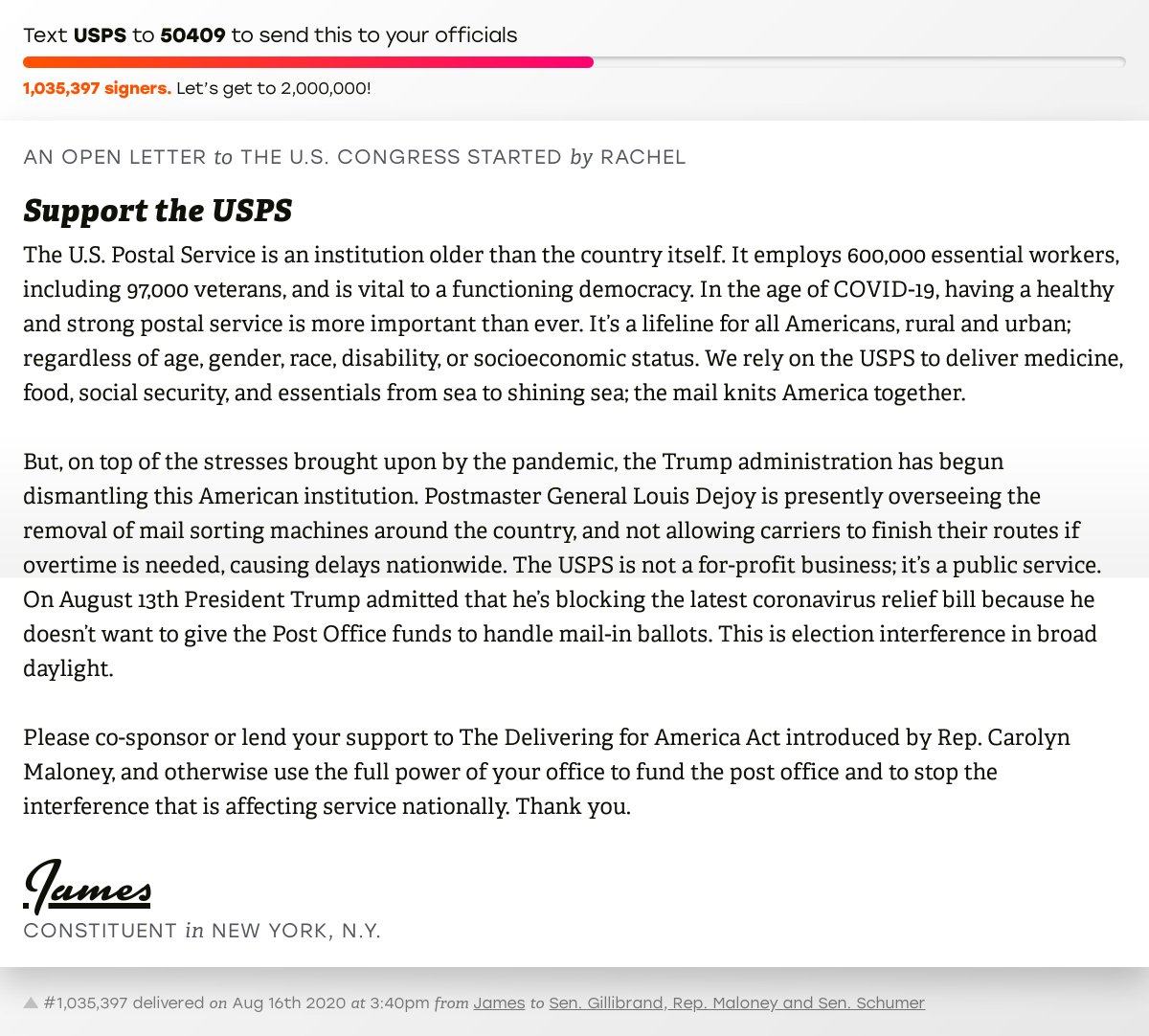openletterbot's tweet image. 🖋 Sign “Support the USPS” and I’ll deliver a copy to your officials: 

📨 No. 1,035,397 is from James to @GillibrandNY, @RepMaloney and @SenSchumer #NY12 #NYpolitics #NYpol #SaveTheUSPS