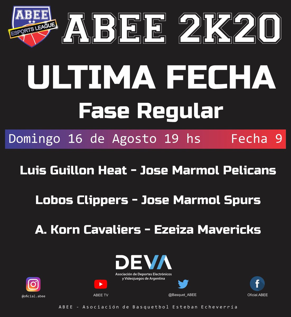 Basquet_ABEE's tweet photo. 🎮 ABEE 2K20🎮

Hoy Comienza la Última Fecha de la Fase Regular del Torneo ABEE 2K20 con 3 partidos a las 19hs.

👉Los mejores ocho equipos de cada Zona clasificarán a los PlayOffs.

@devaesportsarg

#SomosABEE
#LadelGranBuenosAires
#ABEE2K
#eSPORTSLEAGUE
#2KLEAGUE
#TORNEOVIRTUAL https://t.co/R1RNEYcmr0