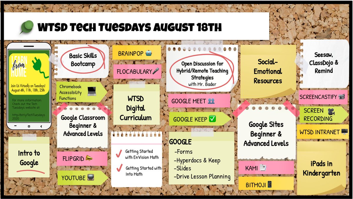 Hey all! Tech Tuesday #3 coming this week! Check out some of the sessions available and the site for times and meeting links. Lots of talent on display! Proud to be a WTSD teacher. bit.ly/TechTuesday2020.